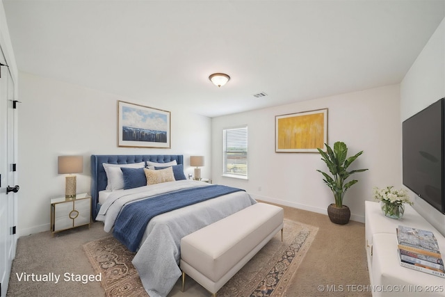 bedroom with light carpet, baseboards, and visible vents