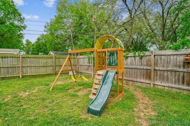 view of jungle gym featuring a fenced backyard and a yard