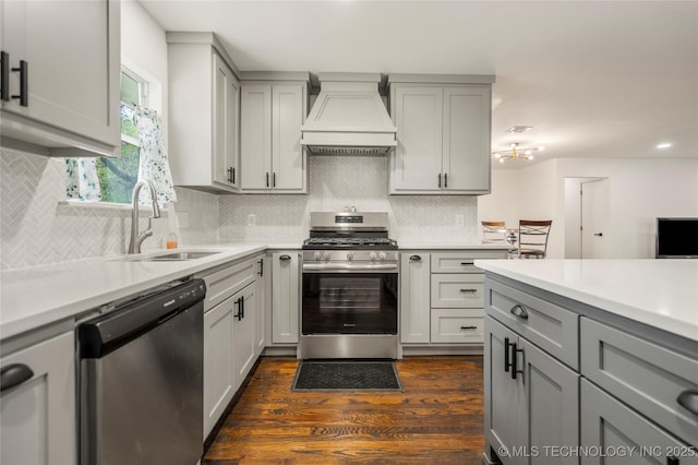 kitchen with premium range hood, gray cabinetry, and stainless steel appliances