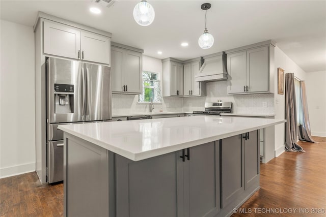 kitchen featuring custom range hood, gray cabinets, baseboards, and stainless steel appliances
