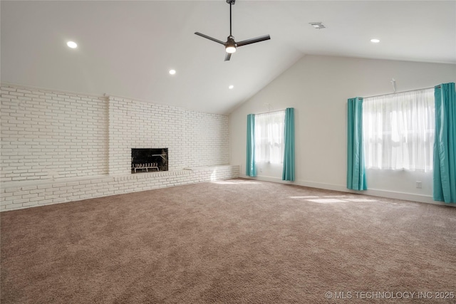 unfurnished living room featuring recessed lighting, a fireplace, a ceiling fan, visible vents, and carpet