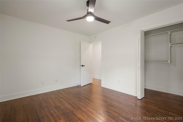 unfurnished bedroom with ceiling fan, a closet, baseboards, and wood finished floors