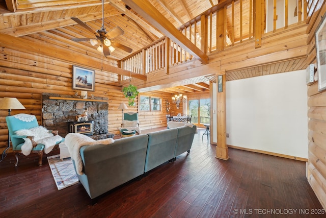 14484 Valley View Dr, Skiatook, OK 74070 - living room with high vaulted ceiling, log walls, a fireplace, a chandelier, and ceiling fan