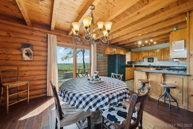 14484 Valley View Dr, Skiatook, OK 74070 - dining room featuring a chandelier, a wooden ceiling with exposed beams, dark wood-style floors, and log walls