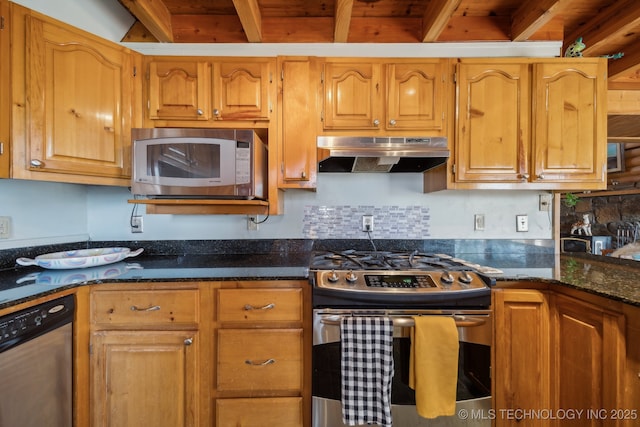 14484 Valley View Dr, Skiatook, OK 74070 - kitchen featuring stainless steel appliances, under cabinet range hood, beam ceiling, dark stone countertops, and tasteful backsplash