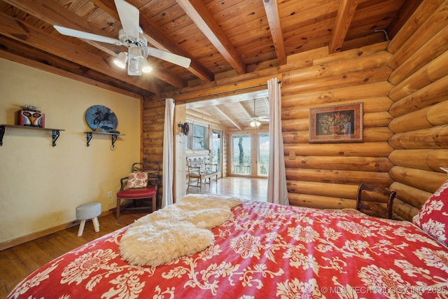 bedroom with beam ceiling, baseboards, wood finished floors, and wood ceiling