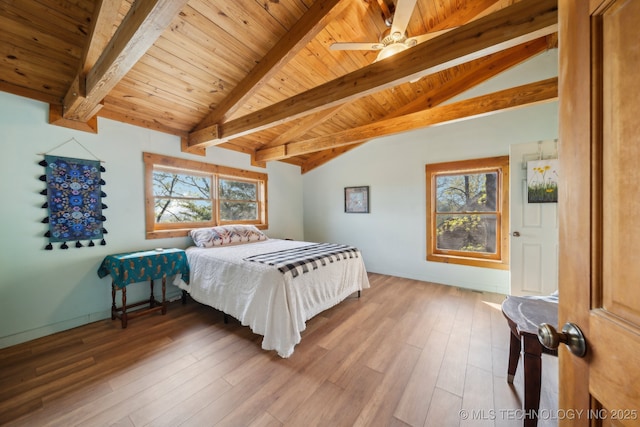 bedroom with vaulted ceiling with beams, wooden ceiling, and wood finished floors