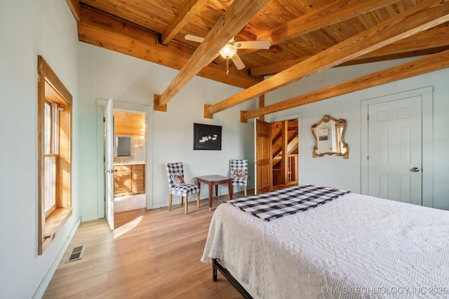 bedroom with ensuite bathroom, visible vents, beam ceiling, light wood finished floors, and wooden ceiling