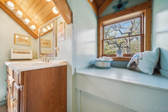 14484 Valley View Dr, Skiatook, OK 74070 - bathroom with vaulted ceiling, vanity, and wooden ceiling