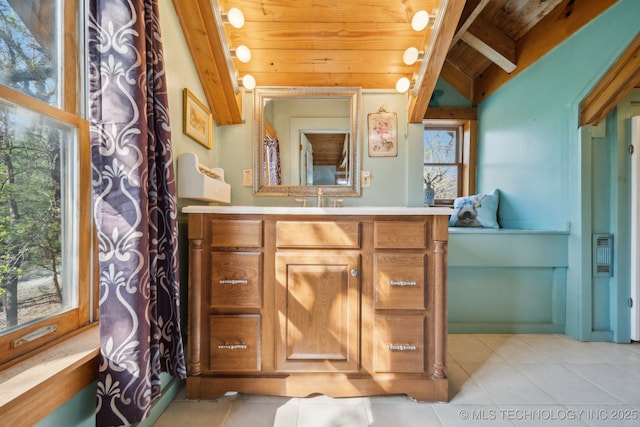 14484 Valley View Dr, Skiatook, OK 74070 - bathroom featuring wood ceiling, tile patterned floors, and vanity
