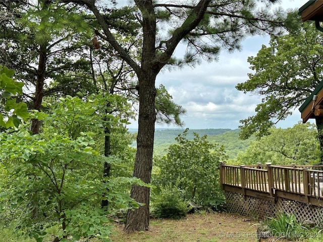 14484 Valley View Dr, Skiatook, OK 74070 - view of yard featuring a wooden deck and a forest view