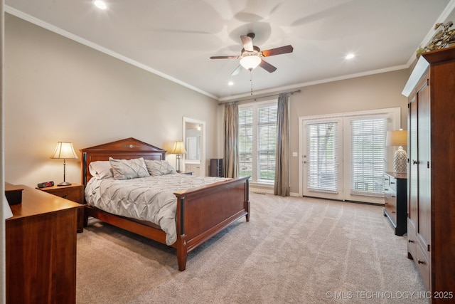bedroom featuring ornamental molding, access to exterior, recessed lighting, and light colored carpet