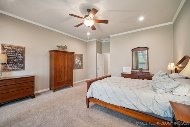 bedroom with ceiling fan, crown molding, light colored carpet, and baseboards