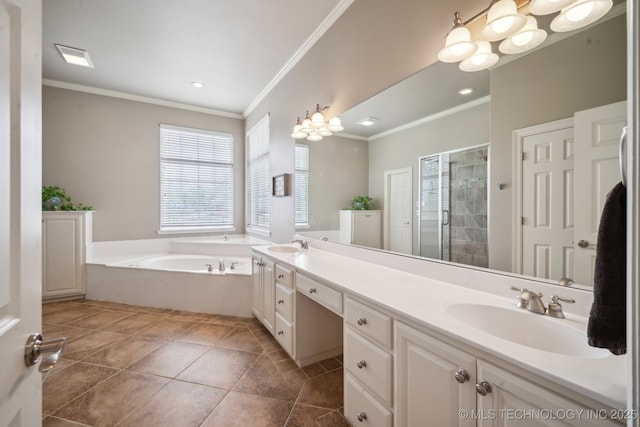 full bathroom with a sink, crown molding, a shower stall, double vanity, and a garden tub