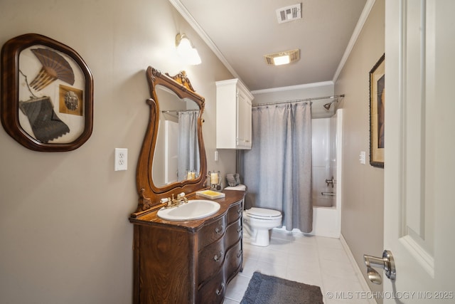 bathroom featuring visible vents, toilet, crown molding, vanity, and tile patterned flooring
