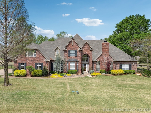 view of front facade with brick siding, a front yard, and a shingled roof