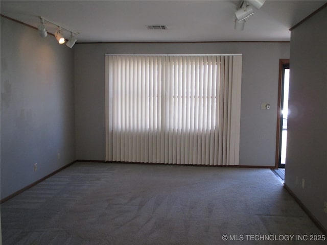 carpeted empty room with track lighting and baseboards
