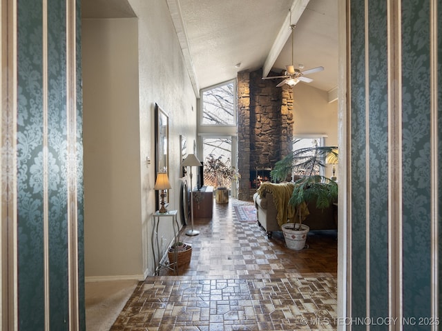 8404 S Toledo Ave, Tulsa, OK 74137 - hall with high vaulted ceiling, beamed ceiling, and baseboards