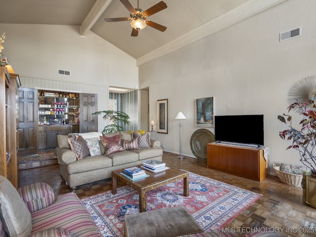 8404 S Toledo Ave, Tulsa, OK 74137 - living area featuring visible vents, ceiling fan, high vaulted ceiling, and beamed ceiling
