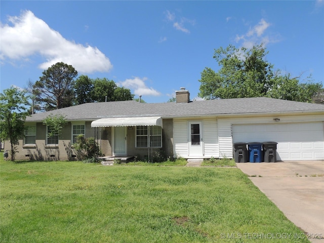 906 S 85th E Ave, Tulsa, OK 74112 - ranch-style home with an attached garage, a front lawn, a chimney, and concrete driveway
