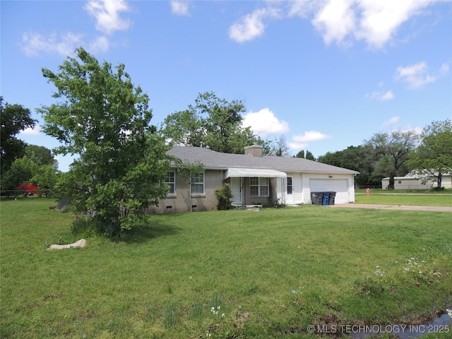 906 S 85th E Ave, Tulsa, OK 74112 - ranch-style home featuring a chimney, a garage, a front yard, and concrete driveway