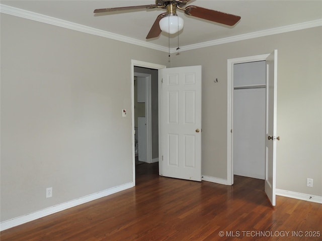906 S 85th E Ave, Tulsa, OK 74112 - unfurnished bedroom featuring a ceiling fan, baseboards, wood finished floors, ornamental molding, and a closet