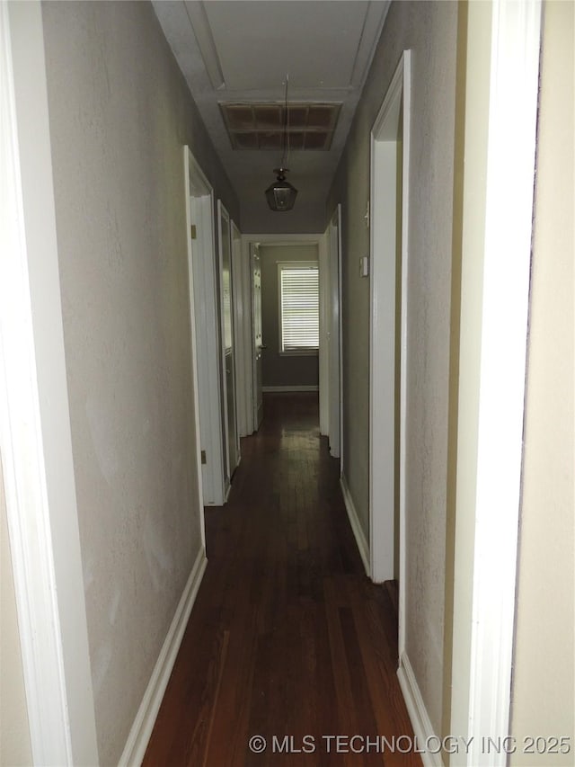906 S 85th E Ave, Tulsa, OK 74112 - corridor with baseboards, visible vents, dark wood-style floors, and attic access