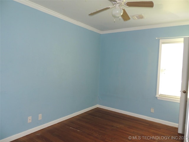 906 S 85th E Ave, Tulsa, OK 74112 - unfurnished room featuring ceiling fan, visible vents, crown molding, dark wood finished floors, and baseboards