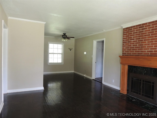 906 S 85th E Ave, Tulsa, OK 74112 - unfurnished living room with crown molding, baseboards, dark wood-style floors, a ceiling fan, and a premium fireplace