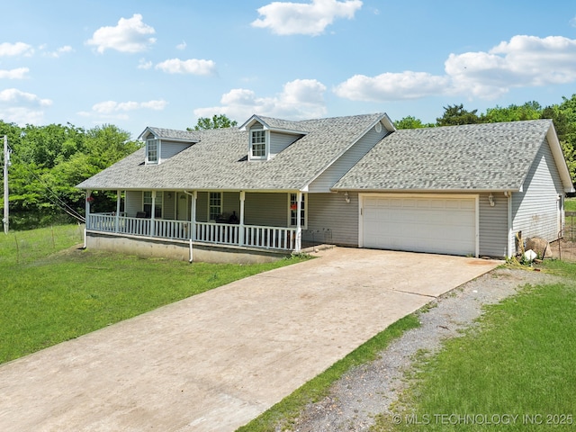view of front facade featuring an attached garage, concrete driveway, a shingled roof, a front yard, and a porch