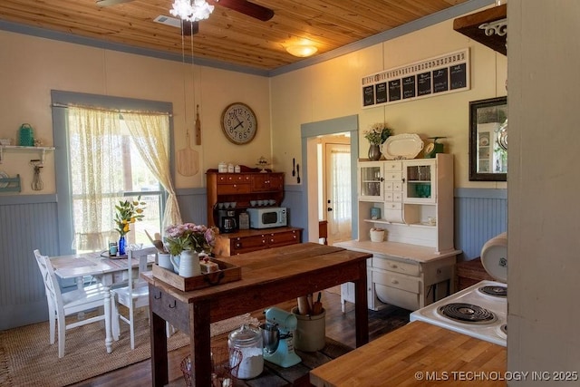 home office featuring ceiling fan, ornamental molding, visible vents, a wainscoted wall, and wooden ceiling