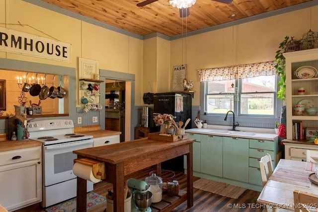 kitchen featuring wooden ceiling, a sink, white electric stove, a ceiling fan, and green cabinets