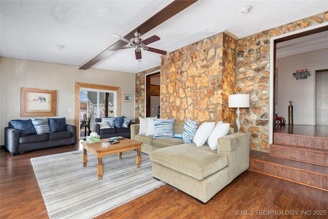 449774 E 356th Rd, Afton, OK 74331 - living area with wood finished floors, beam ceiling, and ceiling fan
