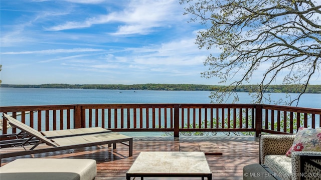 449774 E 356th Rd, Afton, OK 74331 - wooden terrace featuring outdoor dining space and a water view