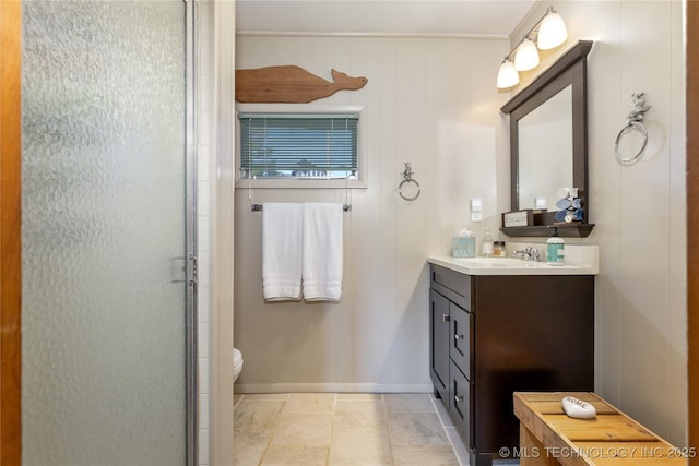 449774 E 356th Rd, Afton, OK 74331 - bathroom with baseboards, an enclosed shower, toilet, and vanity