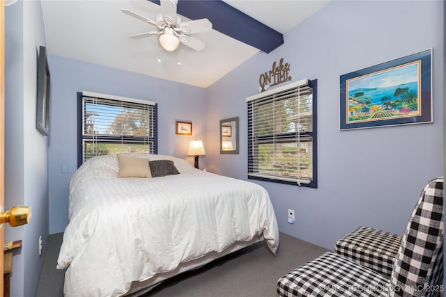 449774 E 356th Rd, Afton, OK 74331 - bedroom featuring lofted ceiling with beams, ceiling fan, and carpet
