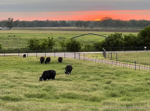 view of property's community with a rural view, fence, and a lawn