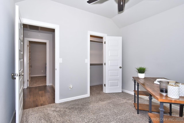 27616 E 109th Pl S, Coweta, OK 74429 - office featuring a ceiling fan, carpet floors, lofted ceiling, and baseboards