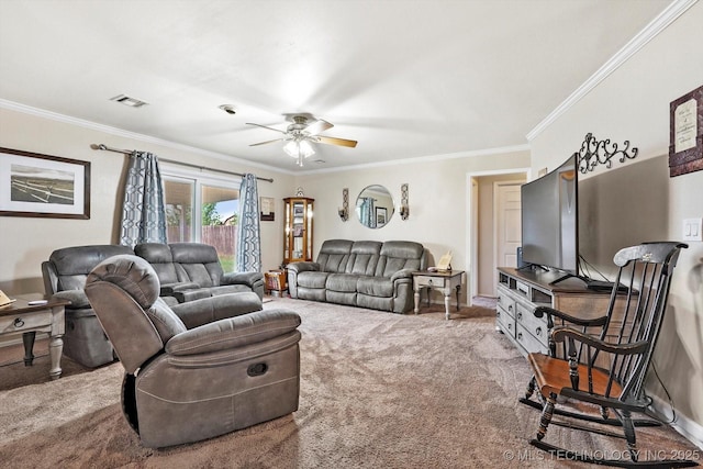 2909 Haddock Dr, Muskogee, OK 74401 - carpeted living room with visible vents, ornamental molding, baseboards, and a ceiling fan