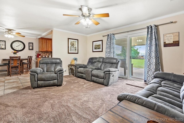 2909 Haddock Dr, Muskogee, OK 74401 - living area with crown molding, ceiling fan, and light colored carpet