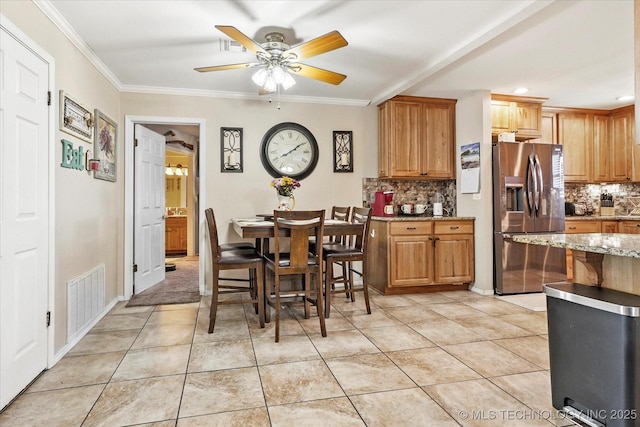 2909 Haddock Dr, Muskogee, OK 74401 - dining room featuring a ceiling fan, visible vents, ornamental molding, recessed lighting, and light tile patterned flooring