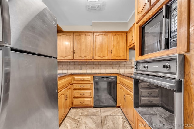 kitchen featuring decorative backsplash, visible vents, marble finish floor, and black appliances