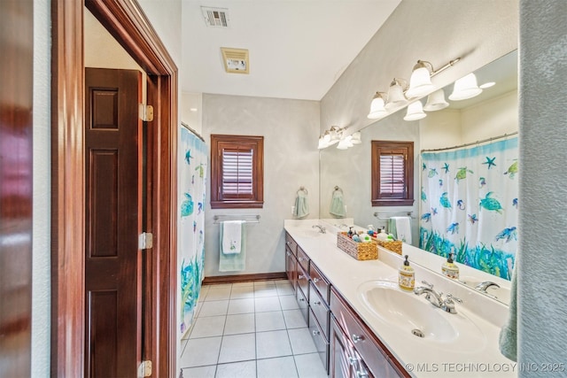full bathroom featuring double vanity, a sink, tile patterned flooring, and visible vents