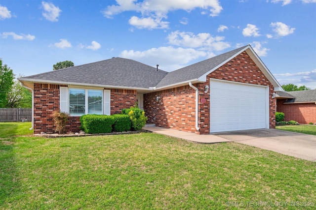310 Savannah Park, Pryor, OK 74361 - ranch-style house with concrete driveway, a front lawn, brick siding, a garage, and fence