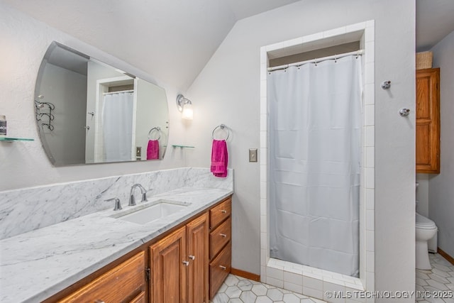 full bath featuring toilet, vanity, lofted ceiling, and a shower with curtain