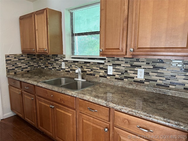 236 Bluebird Ln, Colbert, OK 74733 - kitchen with backsplash, brown cabinets, dark wood-style floors, and stone counters