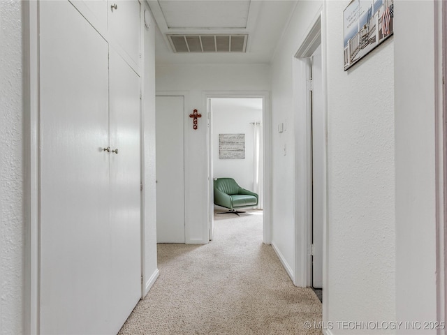 hall with visible vents and carpet