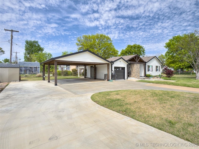 single story home featuring a shed, fence, driveway, and a front yard