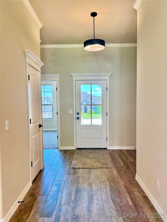 doorway to outside featuring a wealth of natural light, ornamental molding, dark wood-style floors, and baseboards