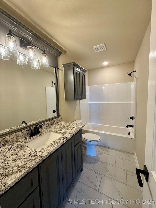 bathroom with visible vents, baseboards, toilet, vanity, and marble finish floor